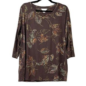 Christopher & Banks women’s size XL brown w/ gold leaf pattern 3/4 sleeve top